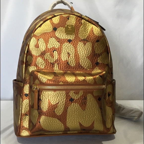 MCM Handbags - MCM Copper/Gold Coated Canvas Leopard Backpack